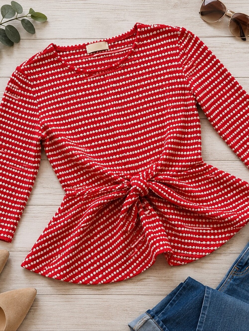 Savida Red and White Patterned‎ Peplume Top With Knit Detail